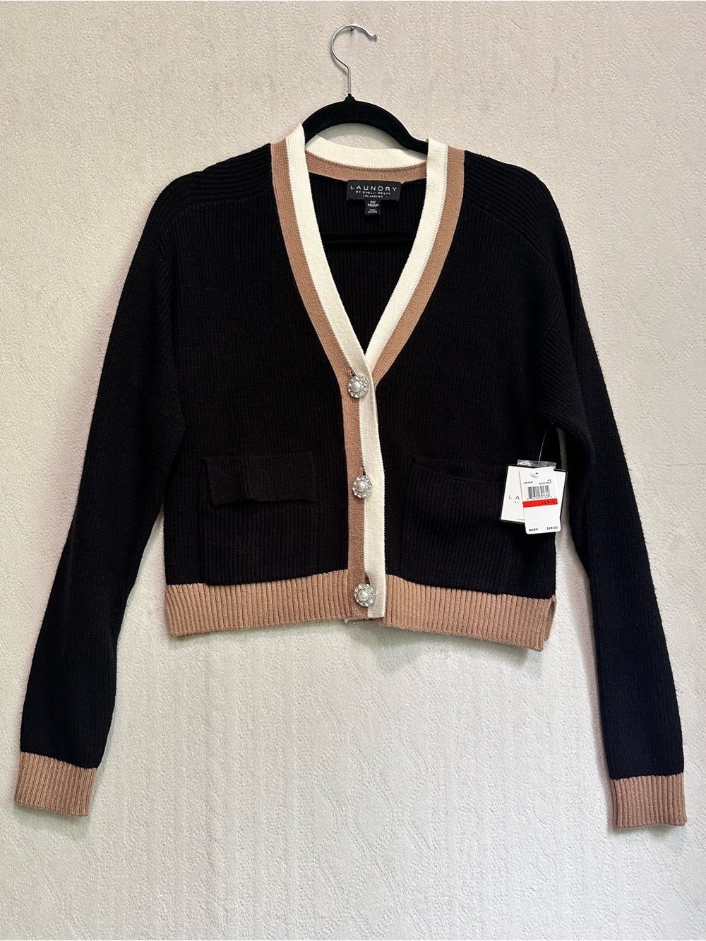 NWT Laundry by Shelli Segal Black Cardigan with Beige and Cream Trim Sz XS